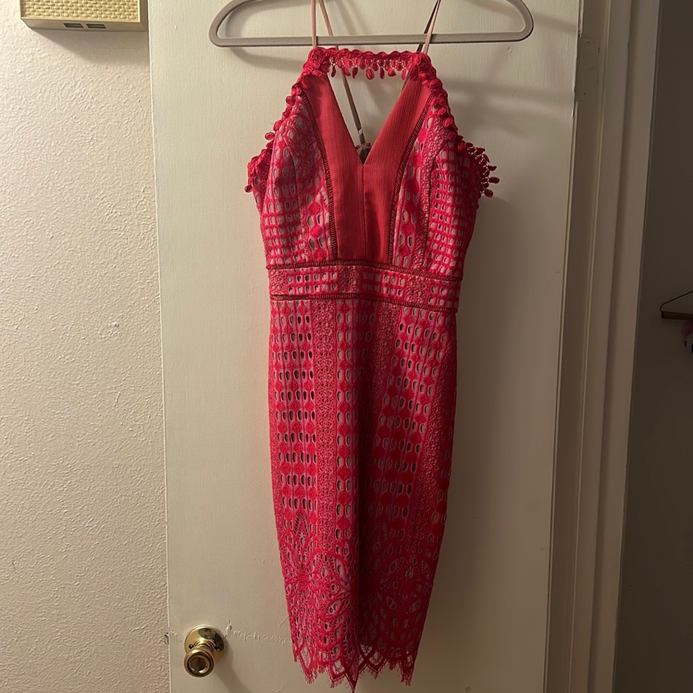 Harlyn- Hot pink lace midi dress